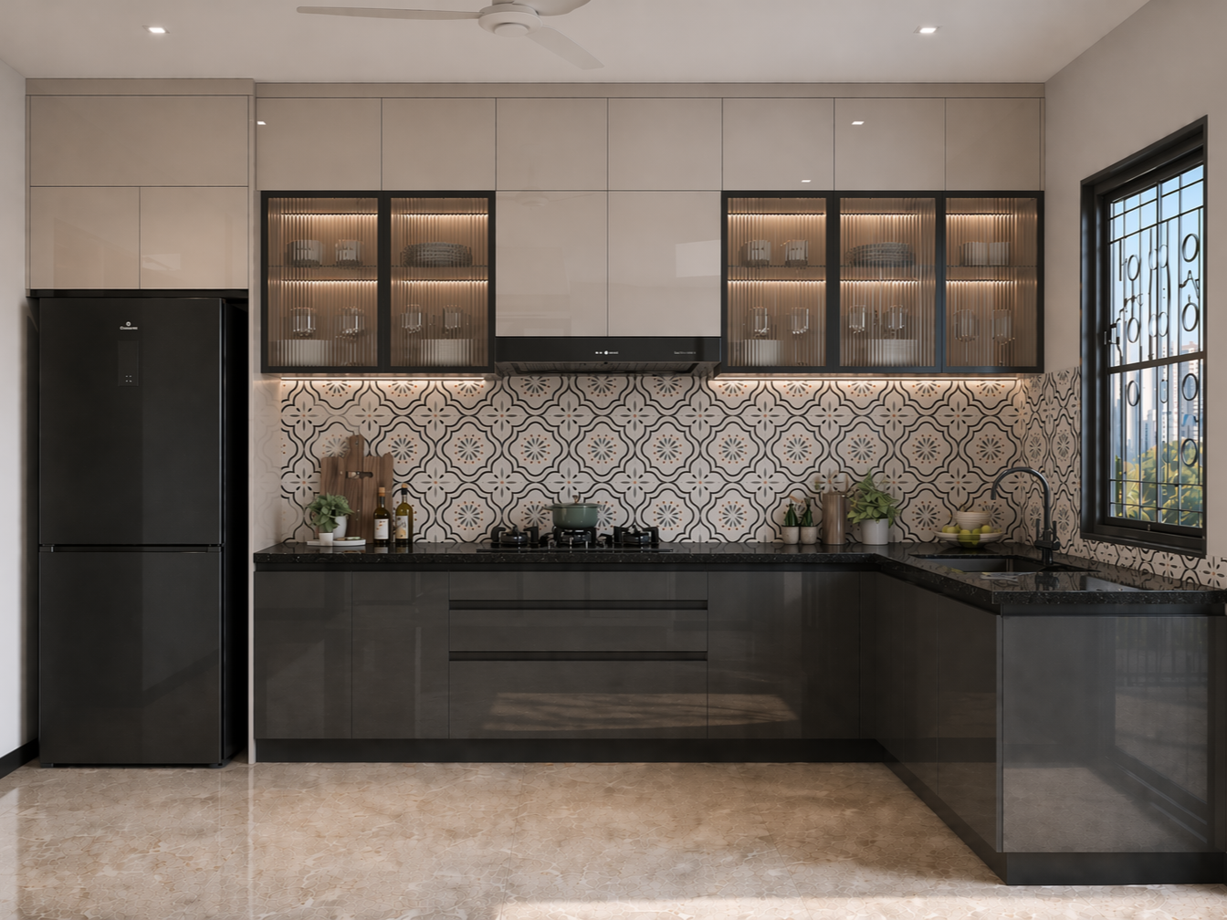L-shaped kitchen with glossy dark grey base cabinets, beige wall units, black stone countertop, fluted glass display cabinets, and a patterned tile backsplash - Beautiful Homes