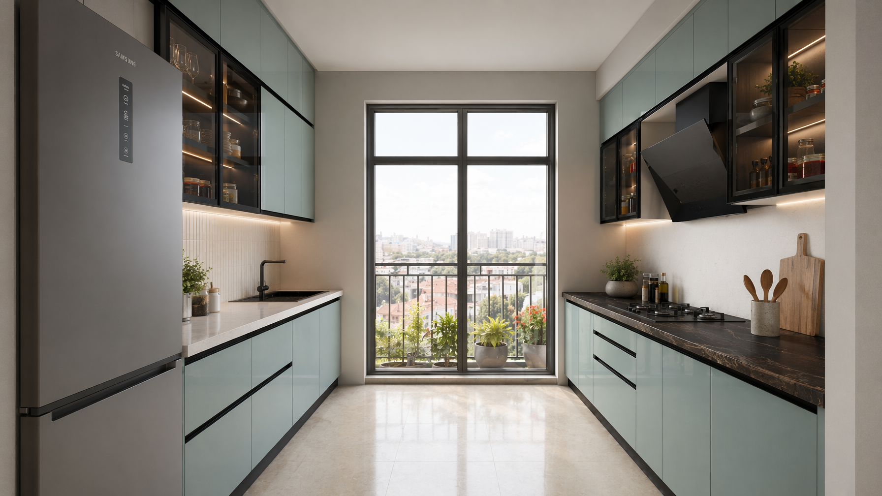 Parallel kitchen with mint green flat-panel cabinets, black-framed glass display units, white and dark marble countertops - Beautiful Homes