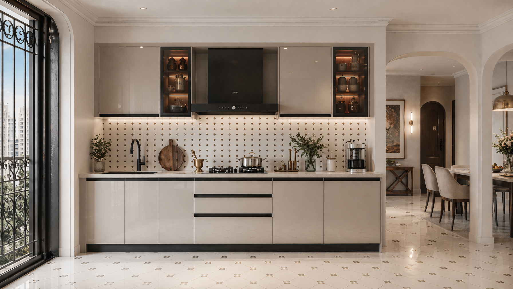 Luxury kitchen with glossy taupe cabinetry, light marble-look countertop and patterned tile backsplash - Beautiful Homes