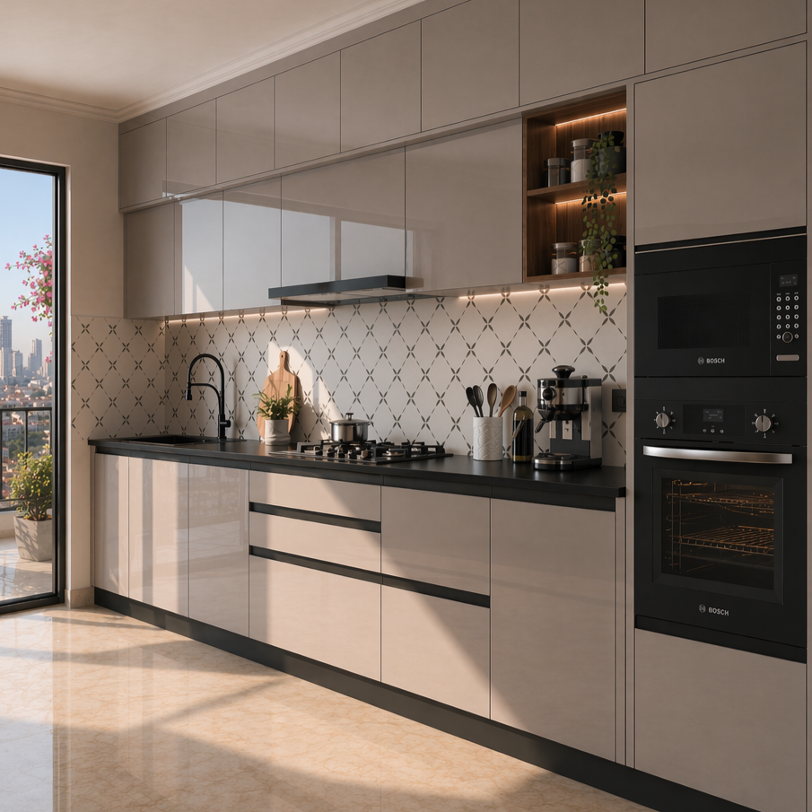Modern straight kitchen with glossy taupe cabinets, a black countertop, and a geometric patterned tile backsplash - Beautiful Homes