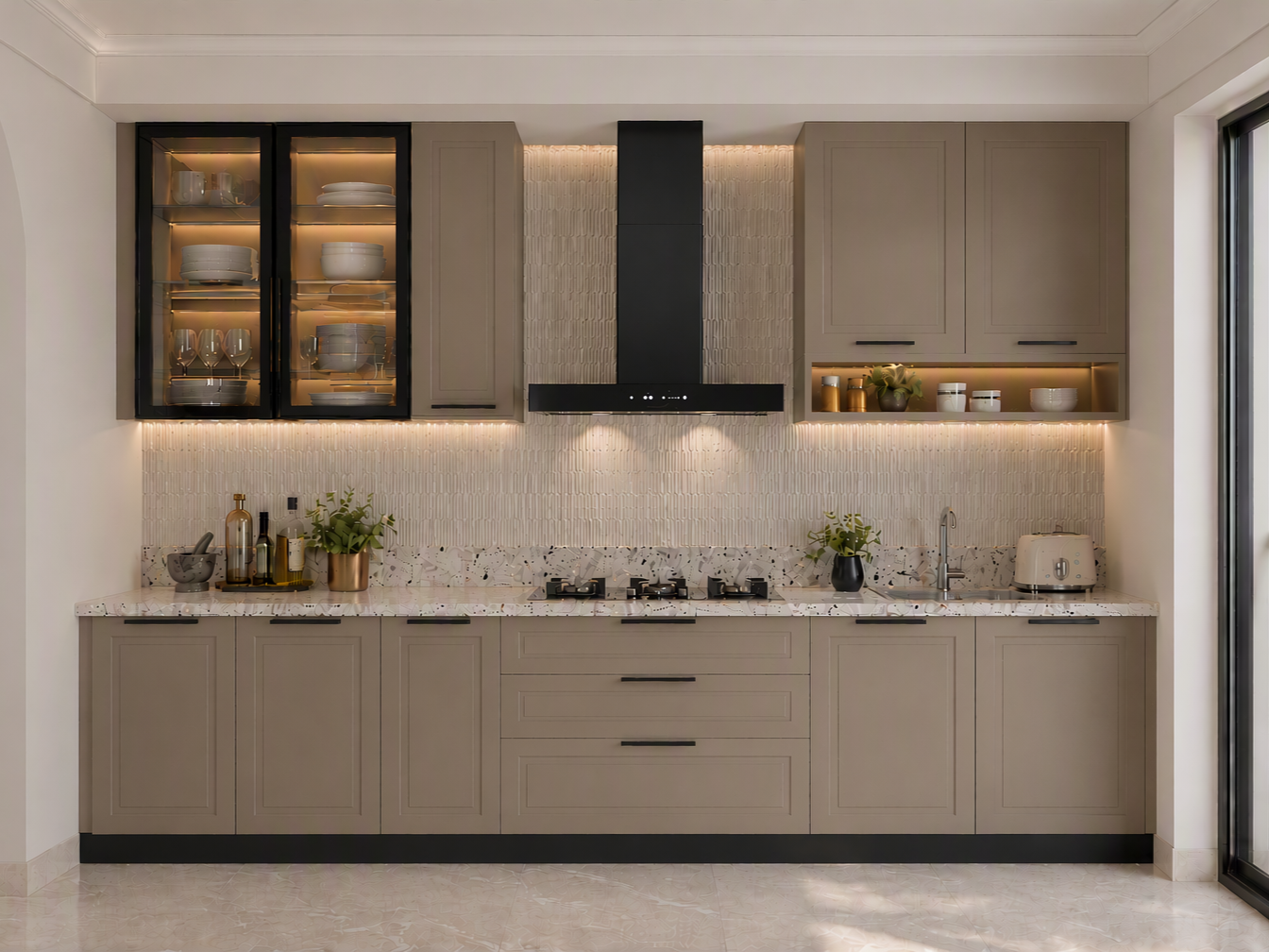 Modern kitchen with taupe shaker-style cabinets, a speckled terrazzo countertop, black range hood, glass display cabinetry, and a textured tiled backsplash - Beautiful Homes