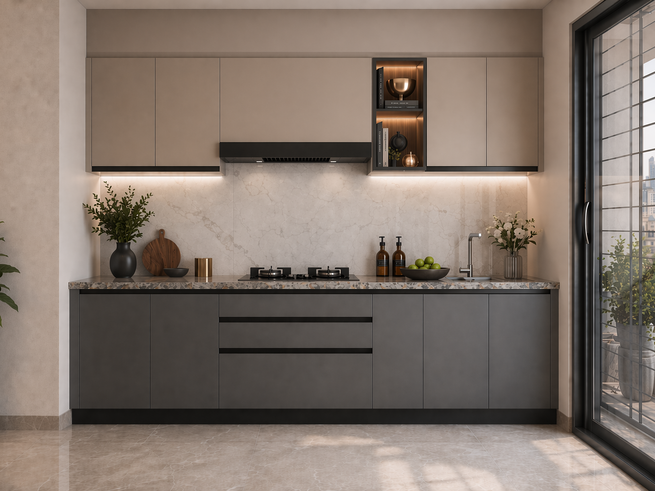 Modern kitchen with taupe upper cabinets, charcoal base units, a terrazzo-style stone countertop, marble-look backsplash, and a lit open display niche - Beautiful Homes