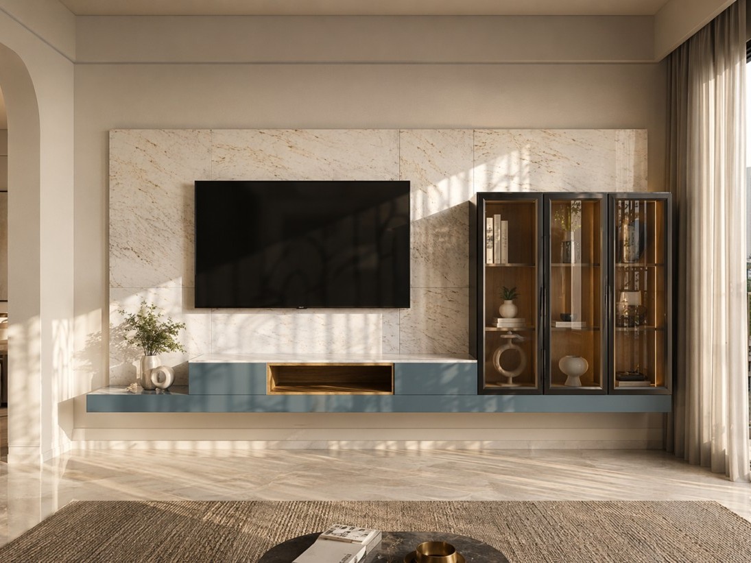 Living room TV unit with a wall-mounted screen on a marble feature wall, paired with a floating slate-blue console and glass display cabinets with warm wood interiors and integrated lighting - Beautiful Homes