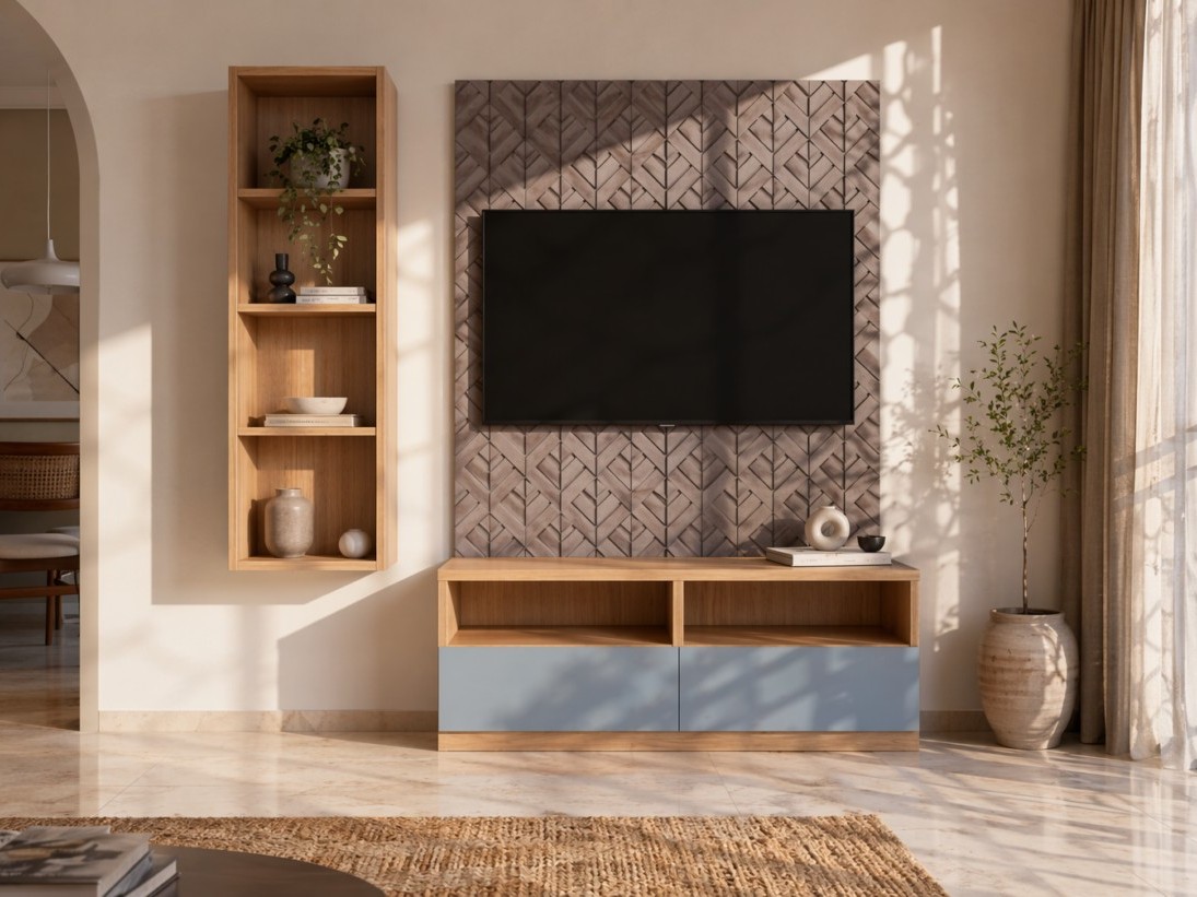 Living room TV unit with a wall-mounted television on a chevron wood feature panel, paired with a light oak console with dusty blue drawers - Beautiful Homes