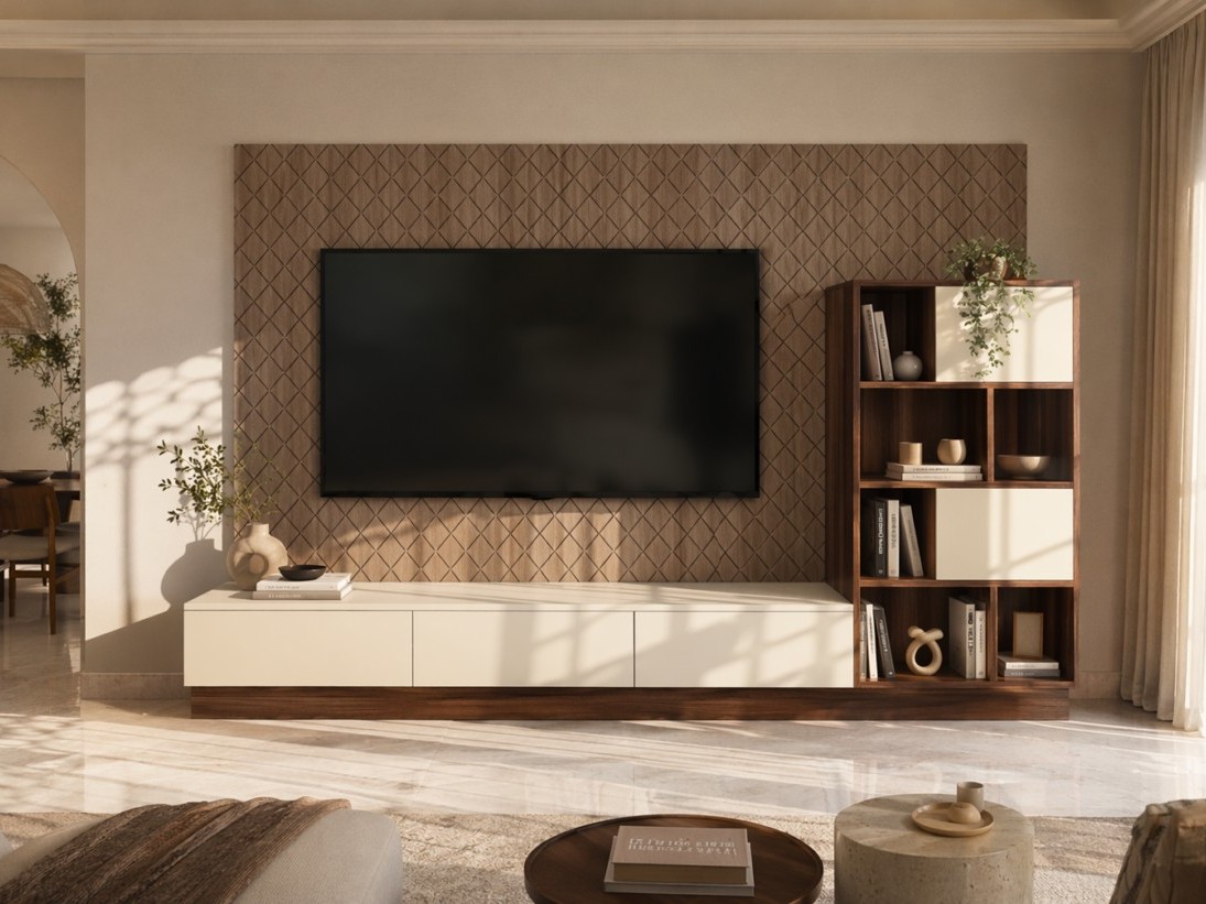 Living room TV unit with a wall-mounted television on a patterned wood feature panel, paired with a cream media console and an open dark wood shelving unit with styled décor - Beautiful Homes