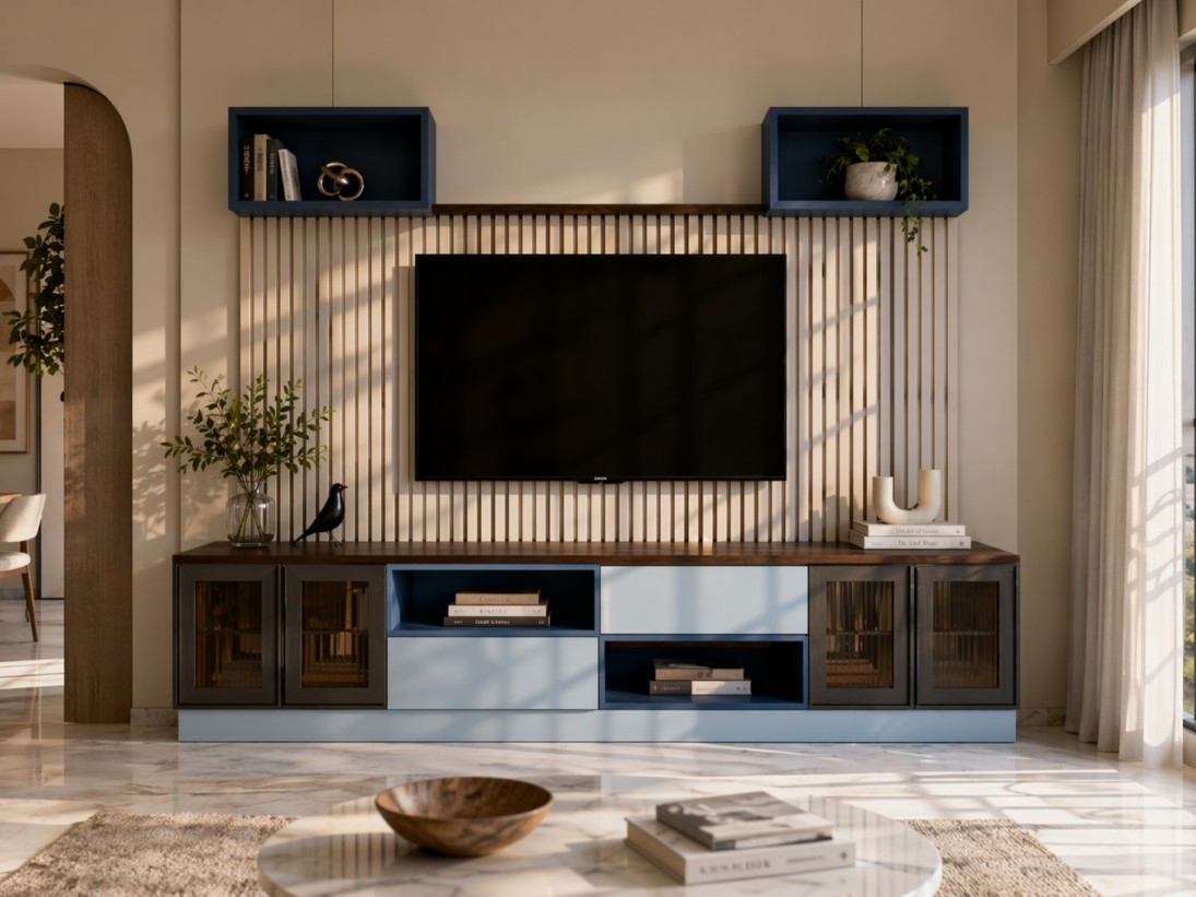 Living room TV unit with light wood slat backdrop, navy floating shelves, and a long media console in dark wood and soft blue with fluted glass cabinets - Beautiful Homes