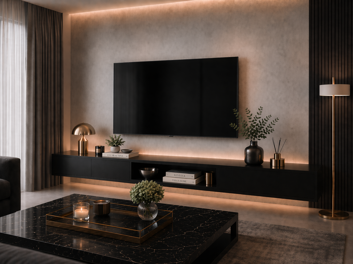 Modern TV unit with a long floating black media console and open display compartment - Beautiful Homes