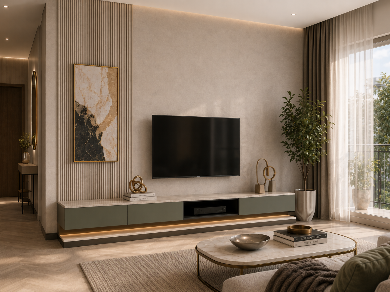 Floating TV unit with sage green cabinet fronts, a white veined marble top, open central shelving, and a textured beige backdrop with fluted panel detailing - Beautiful Homes