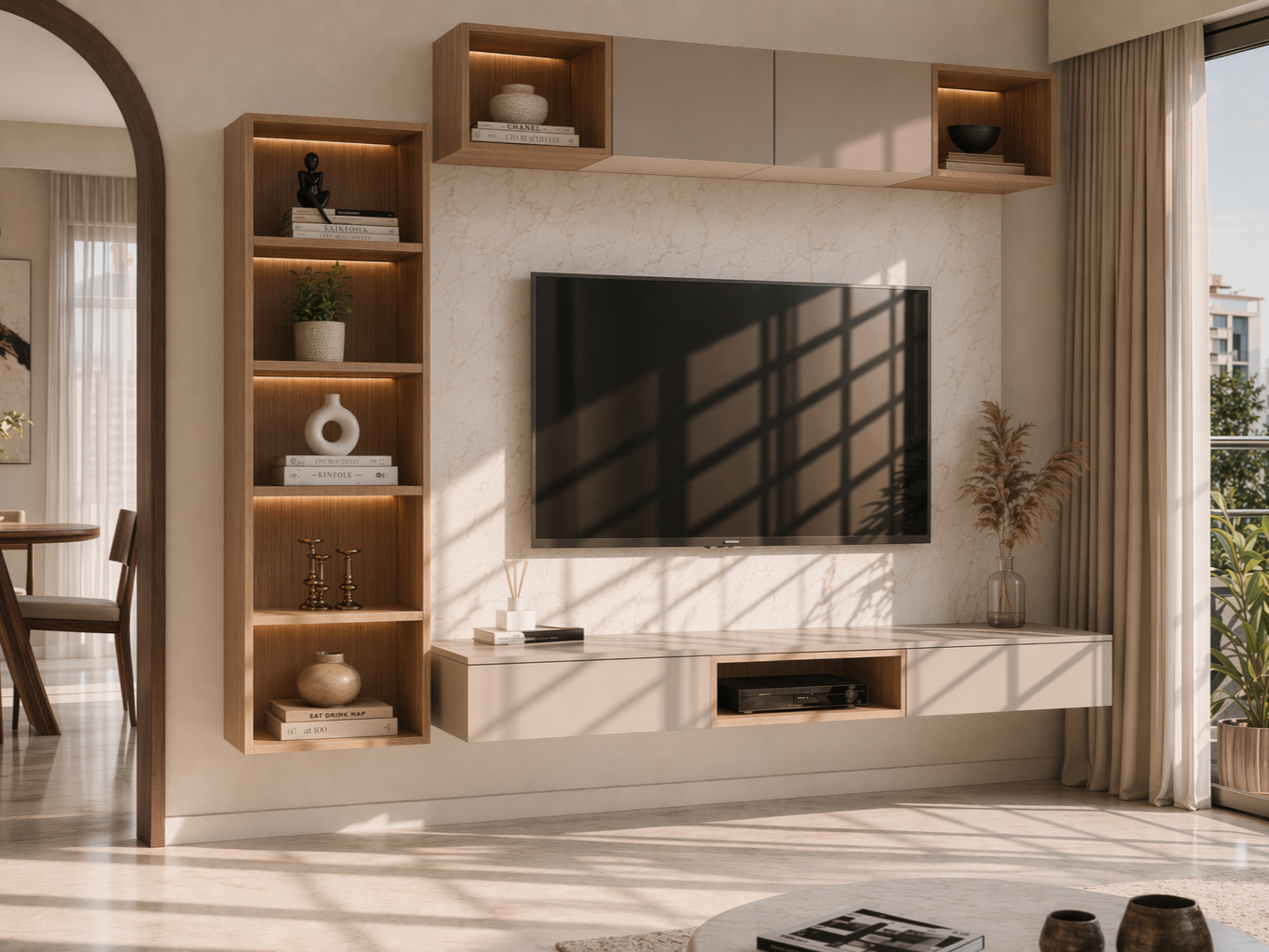 Wall-mounted TV unit with a floating cream console, illuminated wood shelving, and a sleek built-in design, positioned against a textured feature wall - Beautiful Homes