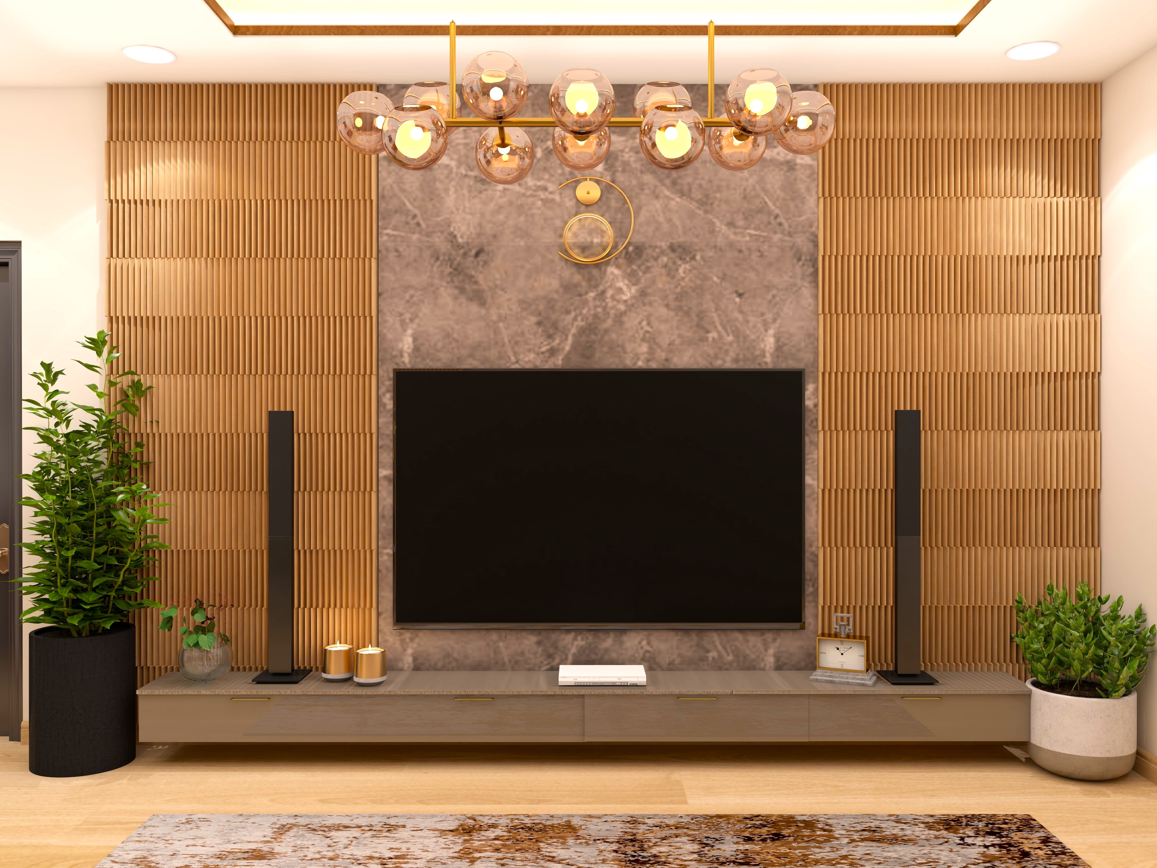 Modern TV unit with fluted wall paneling and tile back panel-Beautiful Homes