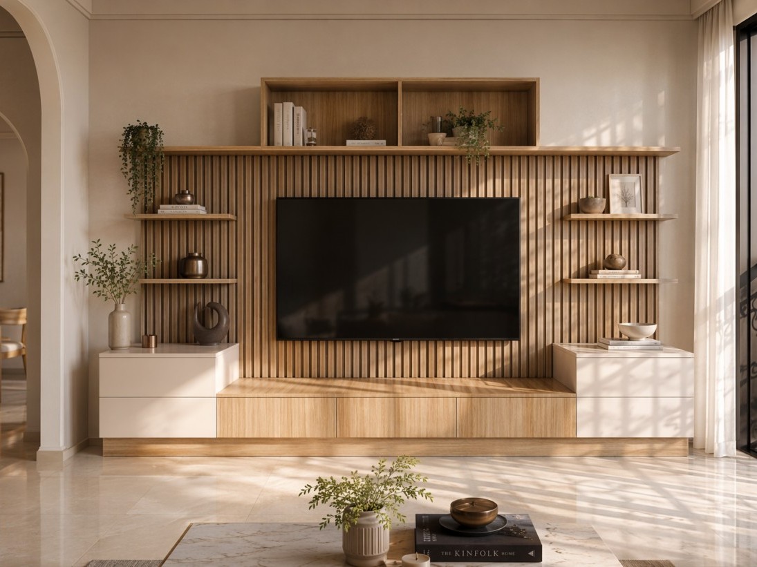 Living room TV unit with a light wood slatted panel, styled with floating shelves, a long wooden console, and white side cabinets - Beautiful Homes