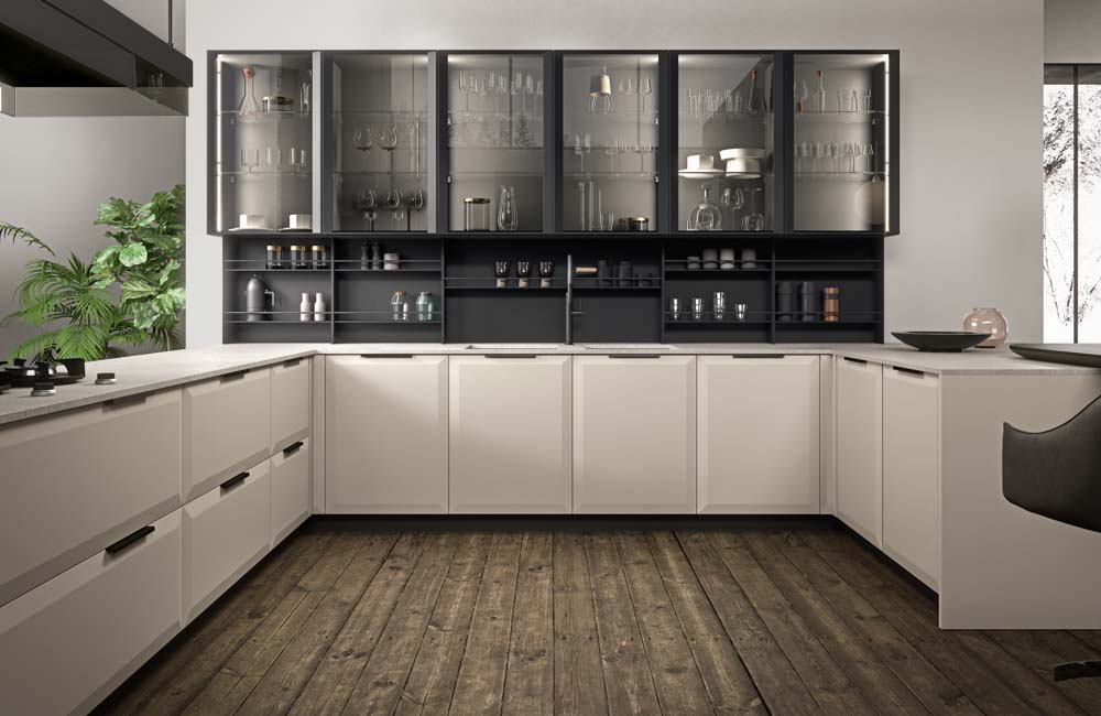 Kitchen design with glass storage cabinets to store crockery & keep it neat - Beautiful Homes