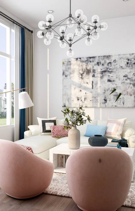 Contemporary pendant lights & a floor lamp in the living room - Beautiful Homes