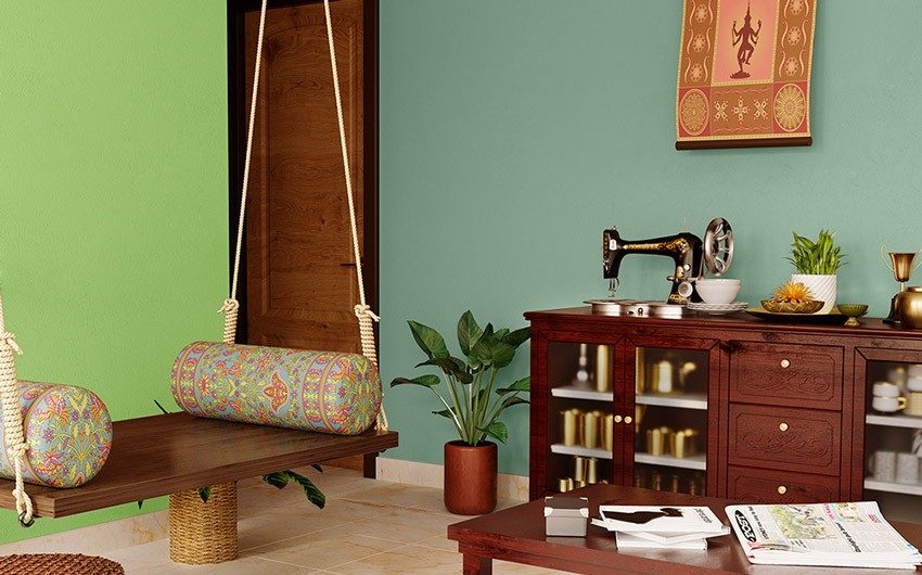 A green living room with a hanging wooden bench and wooden storage unit - Beautiful Homes
