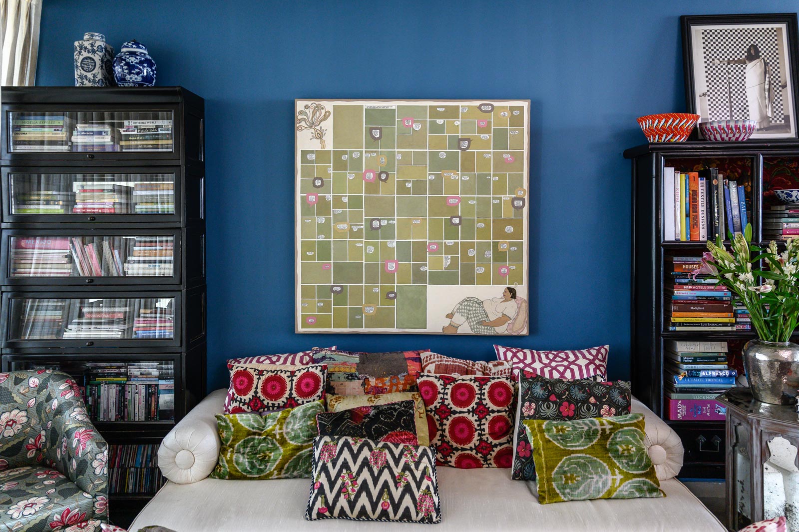 The takhth in the living room is strewn with Good Earth cushions that are many years old - Beautiful Homes