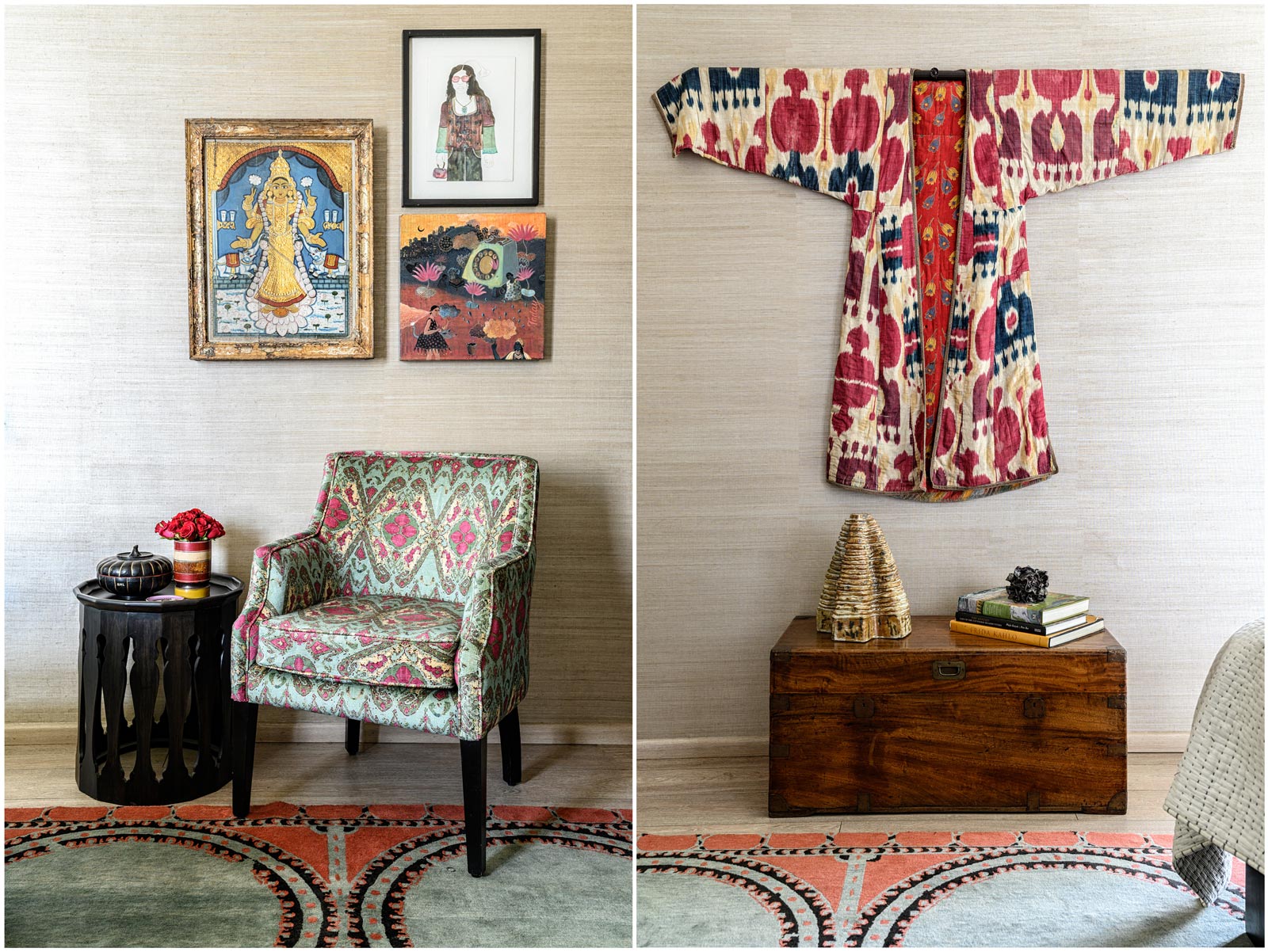The guest room has a watercolour and an early oil on wood by Dhruvi Acharya, along with a 19th-century glass painting from south India - Beautiful Homes