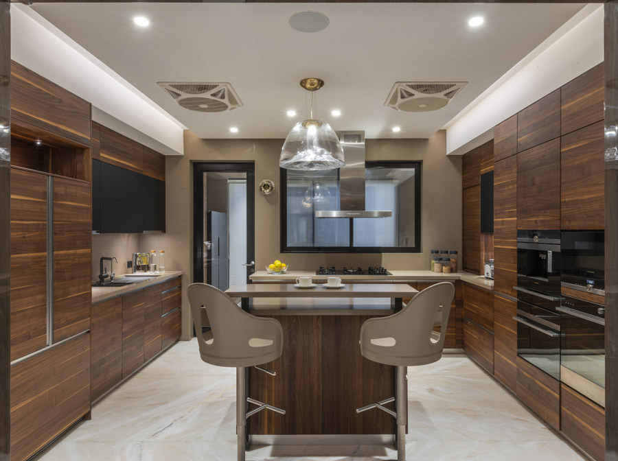 Wood Kitchen Design with Transparent Lighting Fixture - Beautiful Homes