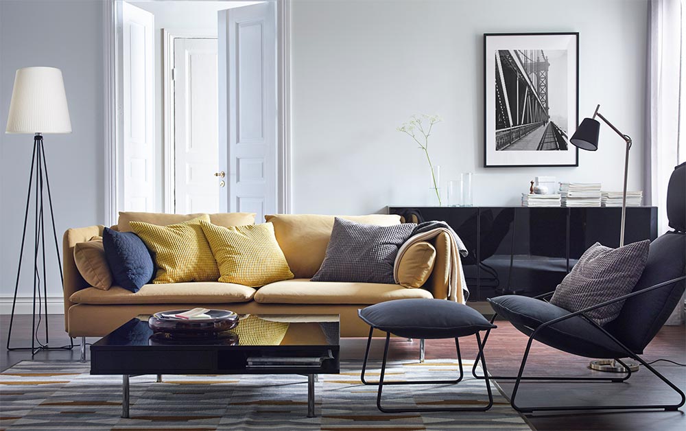 Contemporary living room design with yellow sofa design - Beautiful Homes