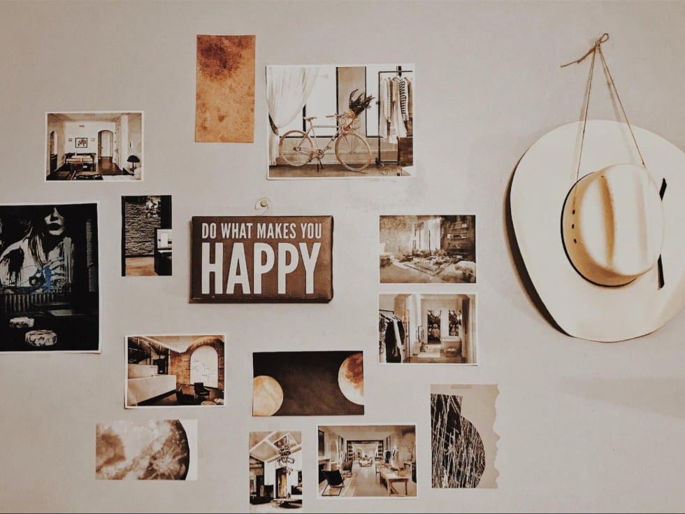 Wall decoration for bedroom with monochrome pictures & hat - Beautiful Homes