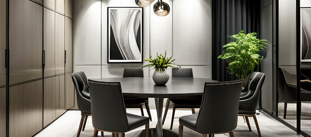Elegant charcoal dining room with round dining table - Beautiful Homes